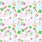 Watercolor cute bunny seamless pattern. Small baby rabbits with carrot, butterfly and clover