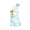 Watercolor cute bunny standing, isolated on white background. Hand painted baby rabbit with carrot. Symbol of Easter