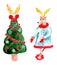 Watercolor cute cartoon christmas deer in warm clothes standing near christmas tree