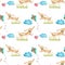 Watercolor cute cartoon dachshunds playing kites seamless pattern