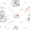 Watercolor cute cartoon little baby and mom hippo with floral wreath seamless pattern. tropical fabric background