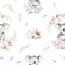 Watercolor cute cartoon little baby and mom koala with floral wreath seamless pattern. tropical fabric background