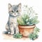 Watercolor cute cat and floral tropical bouquets. rest on tre tree