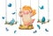 Watercolor cute children illustration: girl on a swing, birds, butterflies feathers isolated on white background.