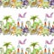 Watercolor cute dinosaurs seamless pattern