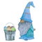Watercolor cute Easter gnomes in blue with rusty bucket with colored eggs on a white background