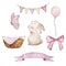 Watercolor cute easter set, bunny, butterfly