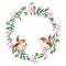 Watercolor cute easter spring wreath wren birds briar flowers painting illustration