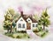 Watercolor of Cute fantasy whimsical cottage house
