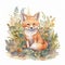 Watercolor cute Fox and floral tropical bouquets. rest on tre lowers, Ai Generative