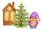 Watercolor Cute Gnome with Christmas Tree on background of  celebratory house. Little gnome with striped candy cane and Christmas