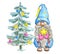 Watercolor Cute Gnome with Christmas Tree. Little Gnome in funny hat with star. Holidays elf for New year greetings card or