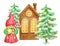 Watercolor Cute Gnome girl with Christmas Tree on background of celebratory house. Little gnome with striped candy cane and