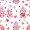 Watercolor cute gnomes seamless pattern. Valentines day themed design. Hand drawn Nordic gnome print. Pastel pink color palette.