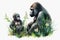 Watercolor cute gorilla mother and baby in gras. Generative ai