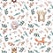 Watercolor cute hand drawn seamless pattern. Wild forest animals. Cheerful bear, fox, hedgehog, owl.