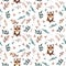 Watercolor cute hand drawn seamless pattern. Wild forest animals. Cheerful owl.