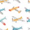 Watercolor cute hand-drawn seamless repeating children simple pattern with aircraft in Scandinavian style on a white