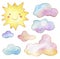 watercolor cute images of rainbow clouds and smiling cartoon sun on white background