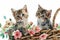 Watercolor cute kitten cats clip art with bright colored boho spring flowers illustration background
