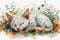 Watercolor cute kitten cats clip art with bright colored boho spring flowers illustration background