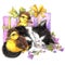 Watercolor Cute kitten and little bird, gift and flowers background