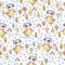 Watercolor cute nursery naive handpainted baby seamless pattern with owl, forest plants. Childish Handpainted print