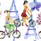 Watercolor cute pattern, girls on bikes. Seamless background.