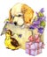 Watercolor cute puppy and little bird, gift and flowers background