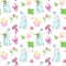 Watercolor cute rabbits seamless pattern in pastel colours. Hand painted baby bunny with cake and spring flowers on white