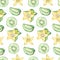 Watercolor cute seamless pattern baby tropical fruits. Hand painted exotic coctails on white background. Kiwi, Star fruit, summer