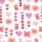 Watercolor cute seamless pattern with flowers, hearts and butterflies in pink,red and violet colors