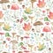 Watercolor cute seamless pattern forest fall leaves, mushrooms, berries for holiday, greeting cards, posters, books, envelopes