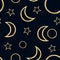 Watercolor cute seamless pattern with various moon phases ansd space isolated on white background. Hand painted retro design