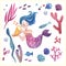 watercolor cute set with musical cartoon mermaid and underwater world elements in bright colors