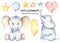 Watercolor cute sitting baby elephants set with balloons