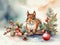 Watercolor cute squirrel on Christmas winter background. Generative AI
