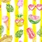Watercolor cute summer seamless pattern. Hand painted exotic pineapple fruits and berry popsicle, heart shaped sunglasses,