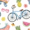 Watercolor cute summer seamless pattern with tropical fruits, blue bicycle, retro roller skates, sunglasses on white background.