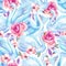 Watercolor cute swan lake, rose flowers seamless pattern