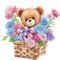 Watercolor cute sweet teddy bear in basket, decorated beautiful flower with bow tie