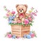 Watercolor cute sweet teddy bear in basket, decorated beautiful flower , roses, with bow tie