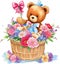 Watercolor cute sweet teddy bear in basket, decorated beautiful flower , roses, with bow ties