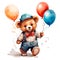 Watercolor of a cute teddy bear walking and holding a group of balloons