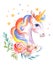 Watercolor cute unicorn portrait with beautiful flowers