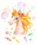 Watercolor cute unicorn portrait with soap bubbles