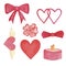 Watercolor cute Valentines day illustrations. red Bows, hearts, flower, candle. Romantic set.