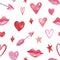 Watercolor cute Valentines themed pattern with pink elements. Red hearts, lips, cupid arrows on white background