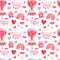 Watercolor cute Valentines themed pattern with pink elements. Red hearts, lips, cupid arrows on white background. Holiday print.