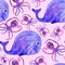 Watercolor cute whale and octopus seamless pattern. fun pattern for kids. underwater world